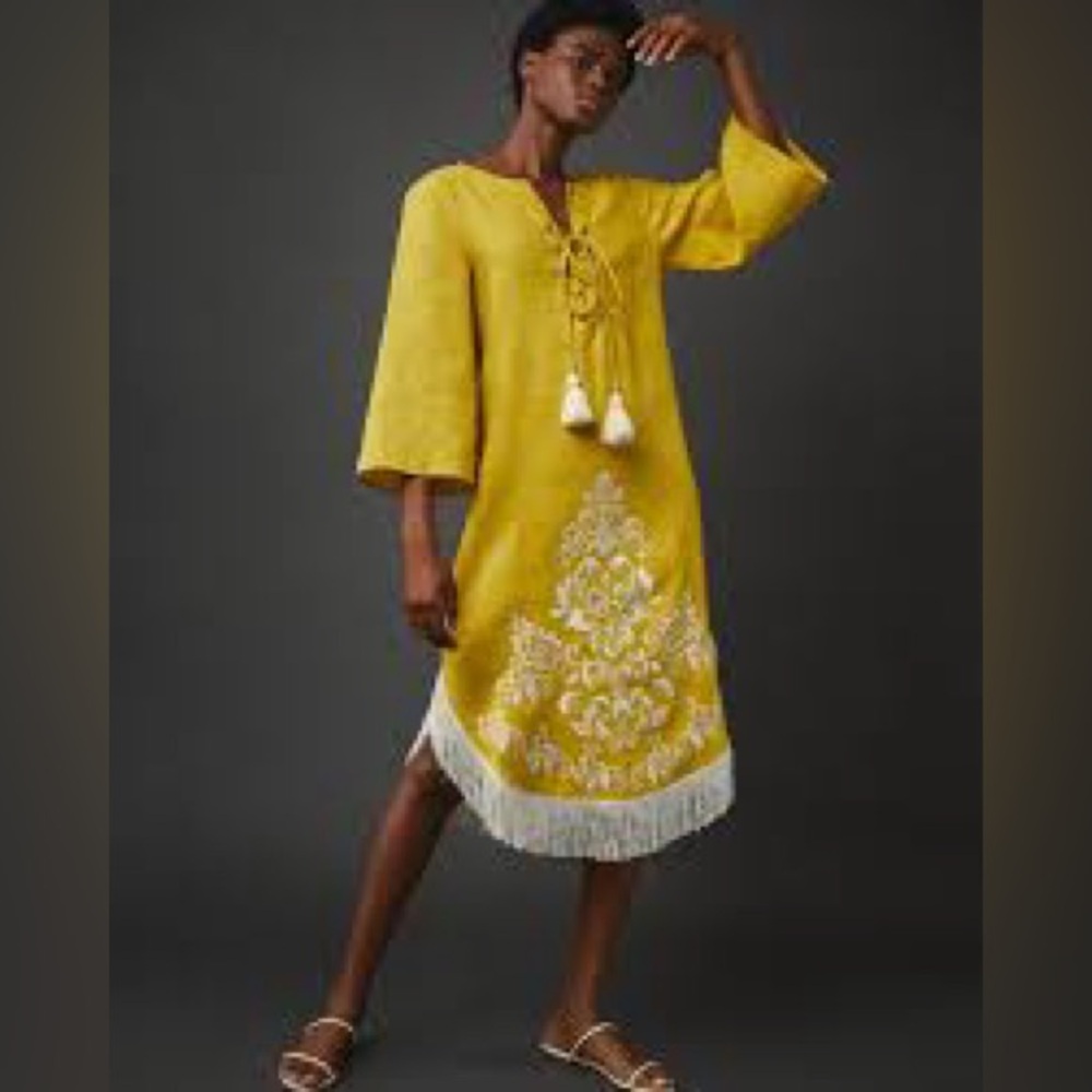 Cara Cara Molly Caftan Yellow Linen Dress‎ White Embroidered Fringed Hem Size XS